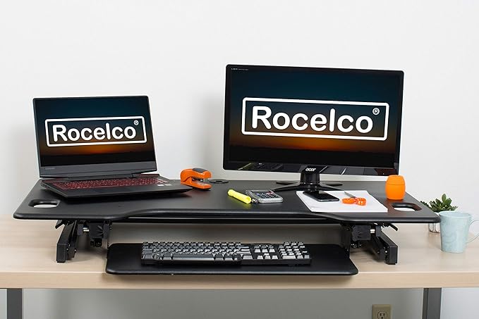 Rocelco 46" Large Height Adjustable Standing Desk Converter - Quick Sit Stand Up Triple Monitor Riser - Tall Gas Spring Assist Computer Workstation - Retractable Keyboard Tray - Black (R DADRB-46)