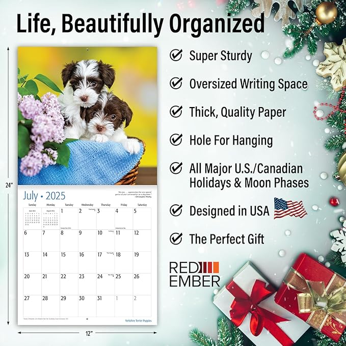 RED EMBER Yorkshire Terrier Puppies 2025 Wall Calendar 12 Month | 12" x 24" Open | Thick & Sturdy Paper | Giftable | Calendar 2025