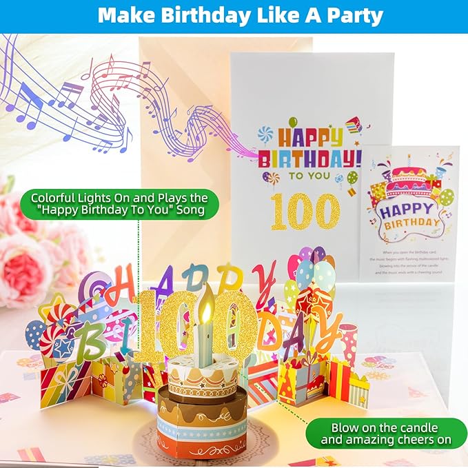 Gumry 100TH Musical Birthday PopUp Card, Blowable Colorful Light Candle 3D Cards with Song, Applause Cheers Sound, Greeting Cards Birthday Gifts Decorations for Women Men Turning 100 Years Old