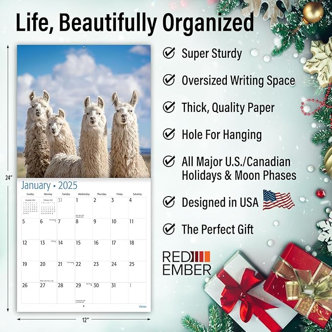 RED EMBER Llamas 2025 Wall Calendar 12 Month | 12" x 24" Open | Thick & Sturdy Paper | Giftable | Calendar 2025