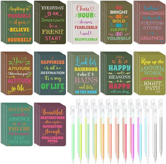 60 Pcs Mini Inspirational Notebooks Bulk with 60 Pcs Colorful Pens, Small Pocket Journal Notepads Set, Motivational Bulk Gifts for Women Men Teacher Student Kids, Fun School Office Supplies,3.5"x5.5"