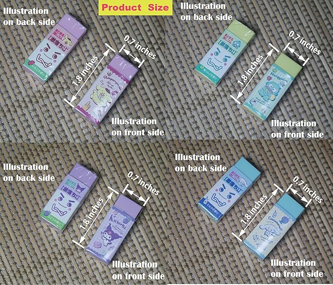 Kawaii Friend Chromi Cinnamon-roll Pomprin-Dog Hangyo-chan × Gekiochi-kun Gathering Eraser(2pcs) Set of 4 - Cute School Supplies for Kids, Kawaii Anime Erasers for Pencils