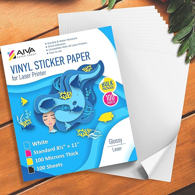 Printable Vinyl Sticker Paper for Laser Printer - Glossy White - 100 Self-Adhesive Sheets - Waterproof Decal Paper - Standard Letter Size 8.5"x11"