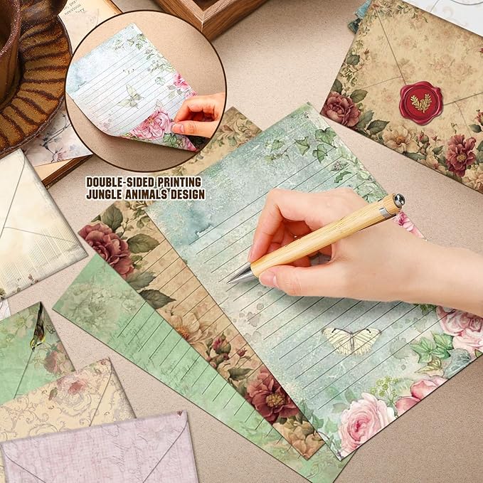TaoBary 160 Packs Stationery Paper Set (50 Double Sided Stationery Writing Papers 50 Matching Envelopes) 60 Round Dot Sticker, 10 Design(Vintage Floral,5.5 x 8.25 Inch)
