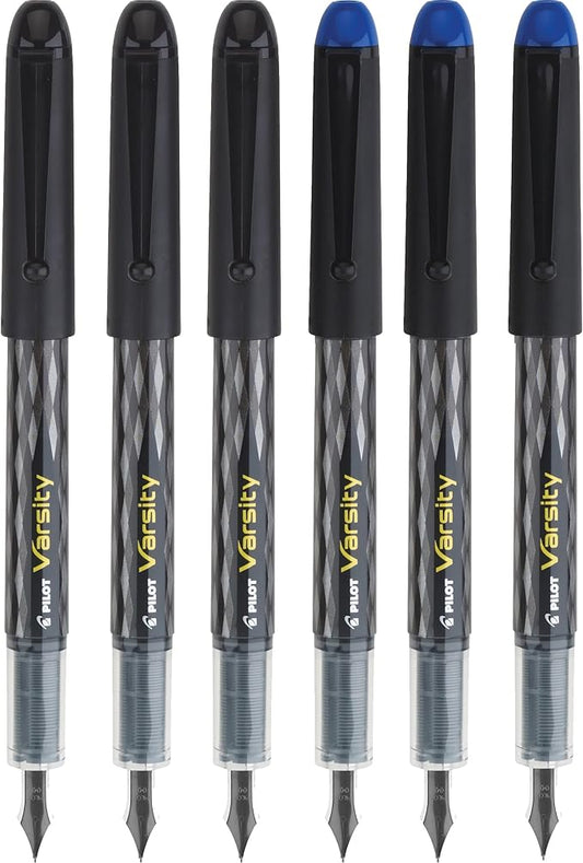 Pilot Varsity Disposable Fountain 6 Pack Combo, 3 Black and 3 Blue Pens
