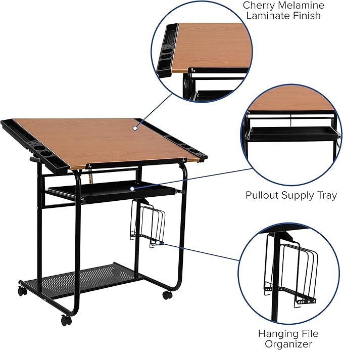 Flash Furniture Swanson Adjustable Drawing and Drafting Table with Black Frame and Dual Wheel Casters, Cherry