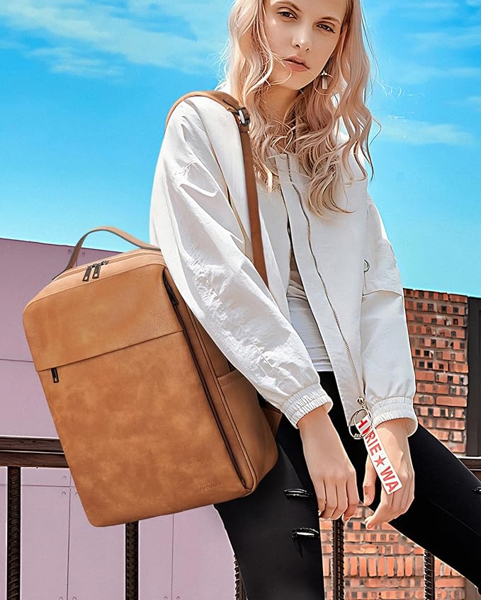 MASINTOR 15.6 inch PU Leather Laptop Backpack Purse for Women, Large College Casual Backpack Travel Bag Retro Camel