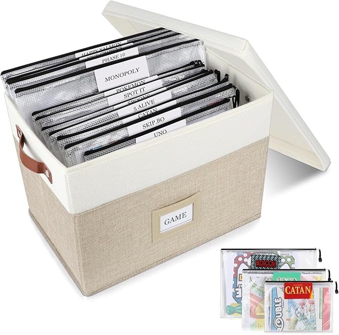 Board Game Storage, Board Game Organizer with 12pcs Zipper Bags and Writable Stickers, Board Game Organizers Storage with Lid for Office Supplies, Puzzles, Video Game, Craft Product
