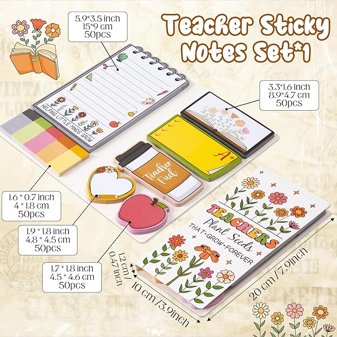 Retro Wildflowers Teachers Sticky Notes Set - Teacher Plant Seeds Self-Stick Note Pads Teacher Appreciation Notepads Writing Memo Pad Page Marker Back to School Office Supplies Thank You Gift