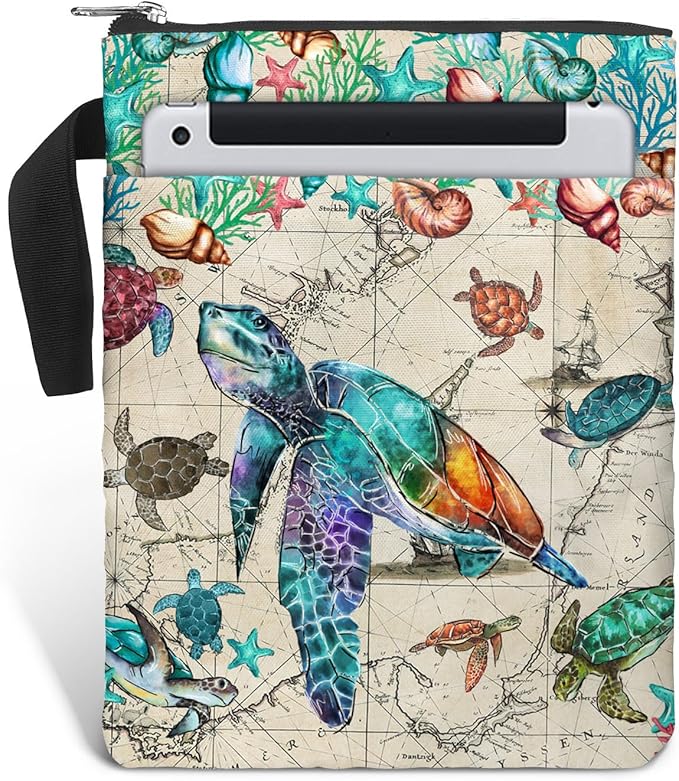 Vintage Map Book Cover Bag with Zipper and Front Pocket. Washable Fabric 11 X 8.5 Inch Book Sleeve Pouch for Paperbacks. Gift for Turtle and Book Lovers