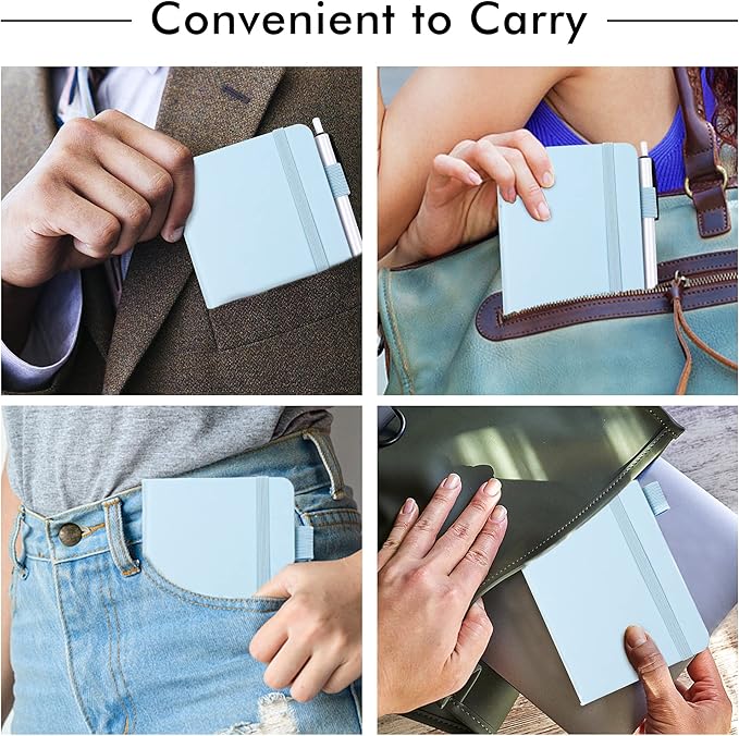 feela 15 Pack Pocket Small Notebooks Bulk, Mini Cute Memo Notepads Hardcover College Ruled Lined Journals with Pen Holder for Women Girls Office School, with 15 Black Pens, 3.5”x 5.5”, A6, Light Blue