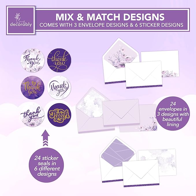 Decorably 24 Pack Glittery 6x4in Purple Thank You Cards with Envelopes and Stickers, 6 Elegant Designs Purple Thank You Notes, Blank Inside - Wedding, Baby Shower