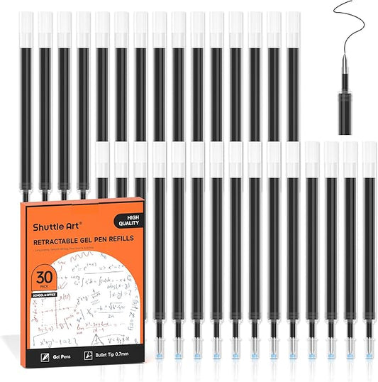 Retractable Gel Pen Refills, Shuttle Art 30 Pack Black Rollerball Gel Ink Pens Refills, Bulk Set, 0.7mm Fine Point for Writing Journaling Taking Notes School Office Home
