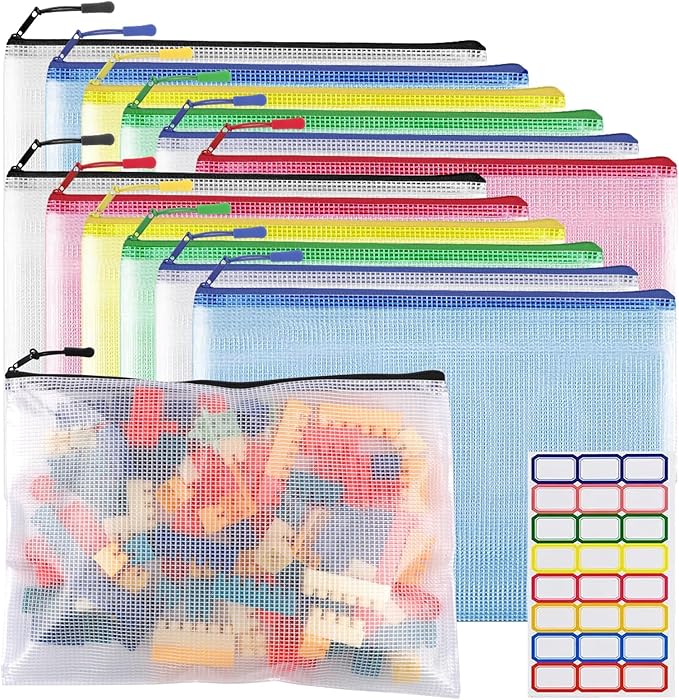 12pcs Large A4 Mesh Zipper Pouch File Bags YOPCDJ Reusable Zippered Pouches for Organizing Classroom, Board Game Storage, Puzzle Bags