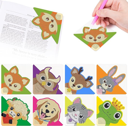 Anseal 8 Pcs Animals Diamond Art Painting Bookmark, Rhinestone Crystal Corner Bookmarks for Book Lovers, Triangle Embroidery Painting Arts Crafts Book Mark for Kids