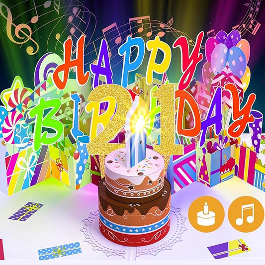 Gumry 21ST Birthday Greeting Card, Musical Pop-Up with Blowable LED Candle, Colorful Happy Birthday Decorations, Large Greeting Card for Son, Daughter, Boys, Girls