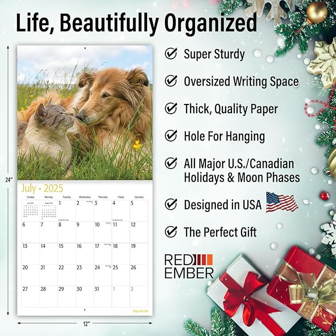 RED EMBER Dogs & Cats 2025 Wall Calendar 12 Month | 12" x 24" Open | Thick & Sturdy Paper | Giftable | Calendar 2025