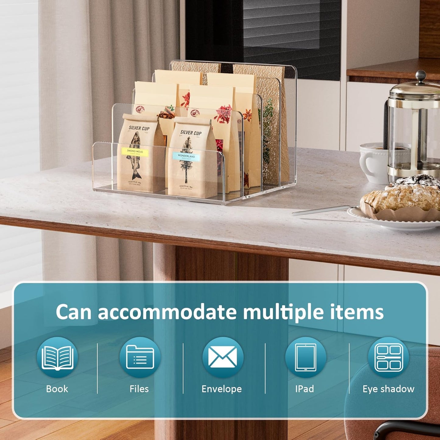 Acrylic File Holder 4 Compartment, Clear Desk File Organizer, Acrylic Organizer for Books, Phone, Ipad, Envelope, Notebook, Calculator