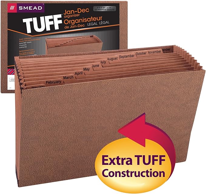 Smead TUFF Expanding File, 12 Pockets, Monthly (Jan.-Dec.) Legal Size, Redrope (70490), Brown