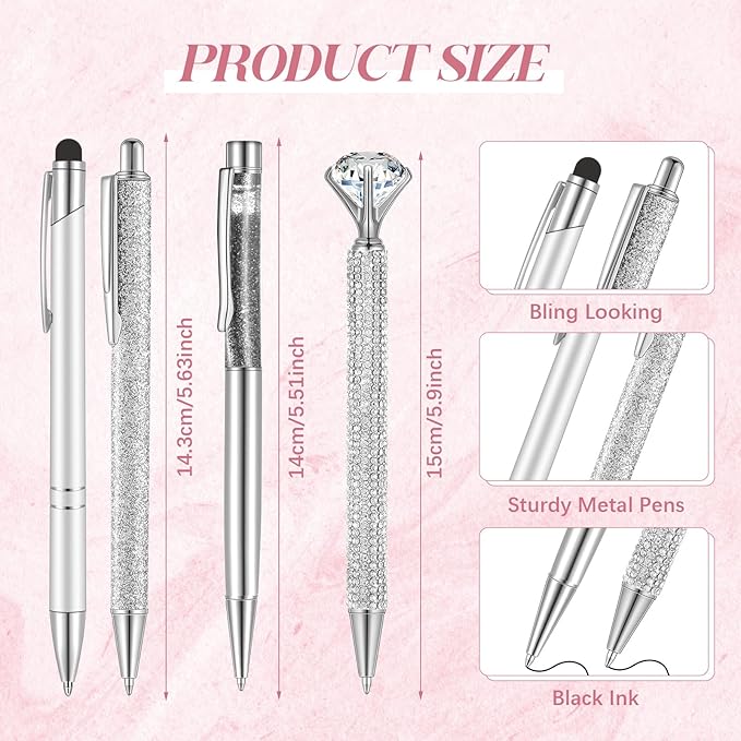 Sabary 8 Pcs Ballpoint Pens with Pen Holder for Desk Metal Crystal Diamond Pen Glitter Pencil Holder Fancy Pens Black Ink Bling Desk Organizer for Women Girls Office School Wedding Gifts (Silver)