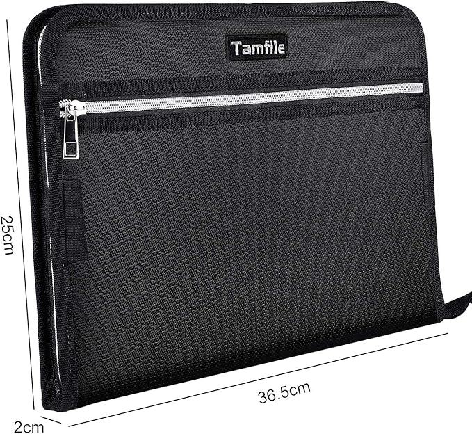 Fireproof Safe Waterproof Accordion File Bag Folder Expanding Filing Folder with 14 Multicolored Pockets, A4 Letter Size, Document Organizer Holder and Color Labels /2 Zipper (Black 14.3" x 9.8")