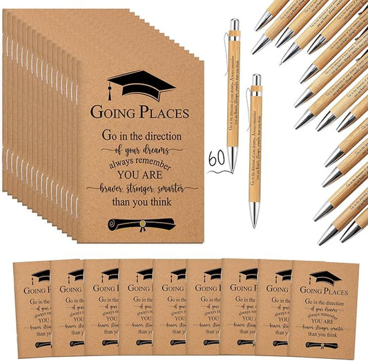 Kosiz 120 Pcs Graduation Gifts Motivational Mini Journal Inspirational Bamboo Pen Kraft Notebooks Bulk Wooden Retractable Ballpoint Pen for Class of 2025 College Gifts (Wooden)