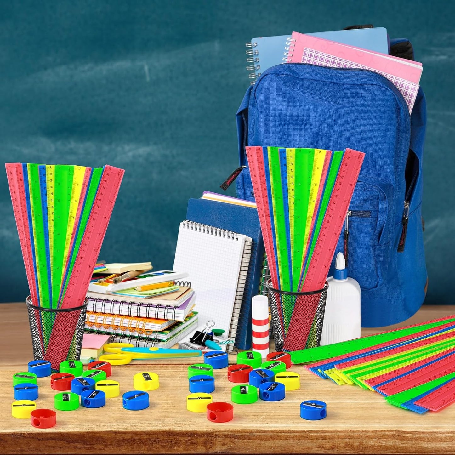 100 Pcs Plastic Rulers and 100 Pcs Mini Round Manual Pencil Sharpener Bulk, 4 Assorted Colors Pocket Sized Pencil Sharpeners Colorful Straight Ruler Back to School Supplies for Kids (Novel,12 Inch)