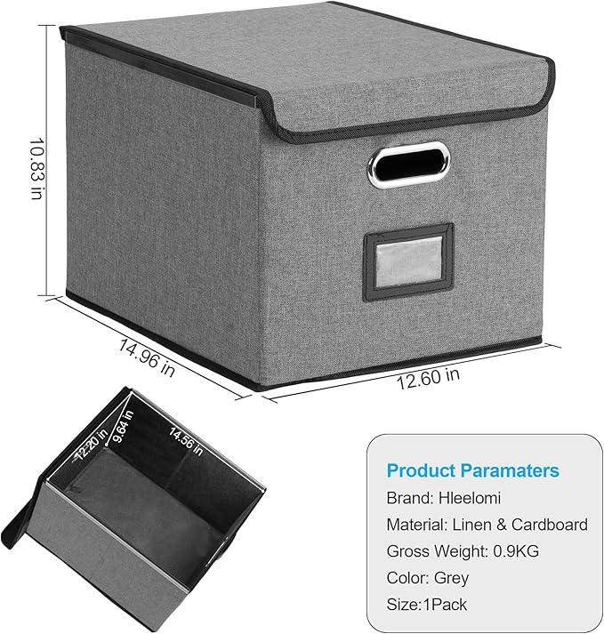 File Organizer Box with Lid, Collapsible File Folder with Plastic Slide for Office/Decor/Home, Hanging Office Document Storage, 14.96 x 12.6 x 10.83 inch，1 pack - without folders，Gray