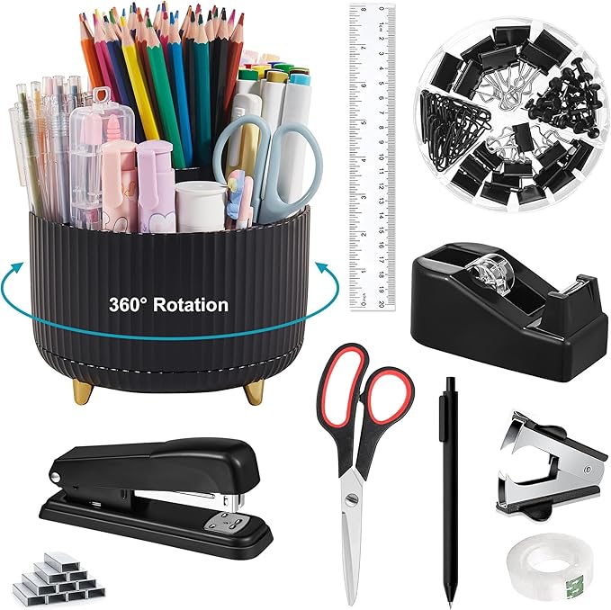 Office Desk Accessories, Black Office Supplies 360°Pen Holder Desk Organizers And Accessories with Tape Dispenser, Stapler, Staple Remover, 1000 Staples, Tape, Clips Set, Ruler, Scissor, Pen