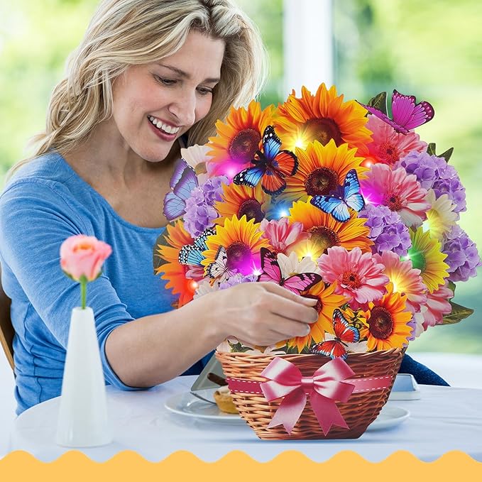 Flower Bouquet Birthday Cards with MUSIC & LIGHTS, 3D Pop Up Greeting Cards, 12 Inch Life Sized Sunflower Butterfly Mothers Day Cards for Mom Women Sister Daughter Grandma