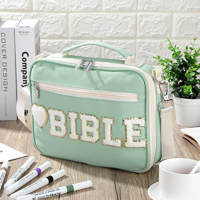 Silkfly Large Chenille Letter Bible Cover for Women Preppy Patch Bible Case Church Bible Bag with Handle(Sage Green)