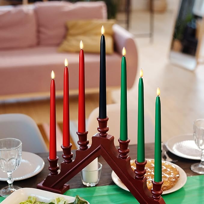 Kwanzaa Kinara Candle Holder Set with Flameless Battery Powered Electric Candles, Flameless Kwanzaa Candles - Set of 7 Tapers (Battery Operated) Mishumaa Saba, Realistic 3D Flames, Remote Control