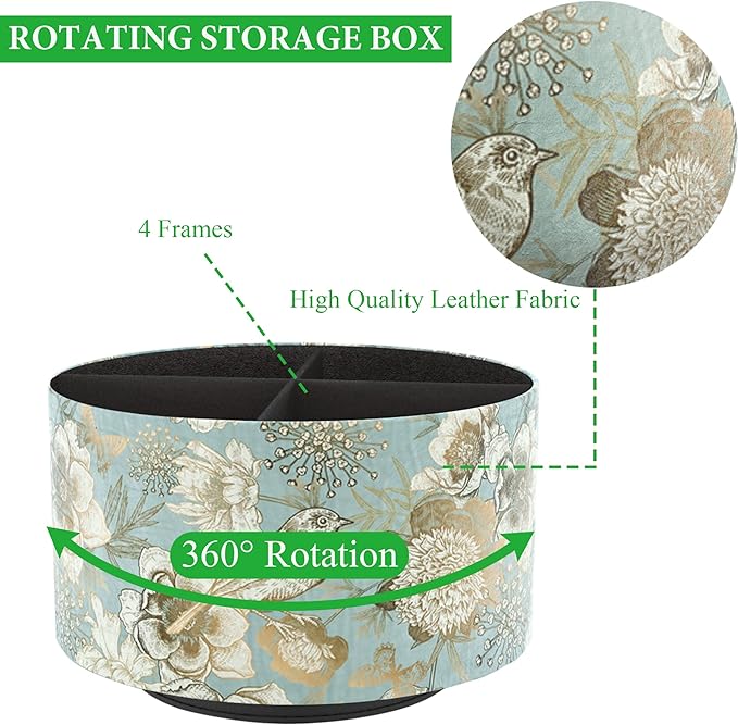 Hennaja Round Leather Art Supply Organizer,Remote Control Holder,360 Degree Rotating,Multi-Functional Pencil Holder,4 Compartments Desktop Stationary Organizer(1-Blue Bird)