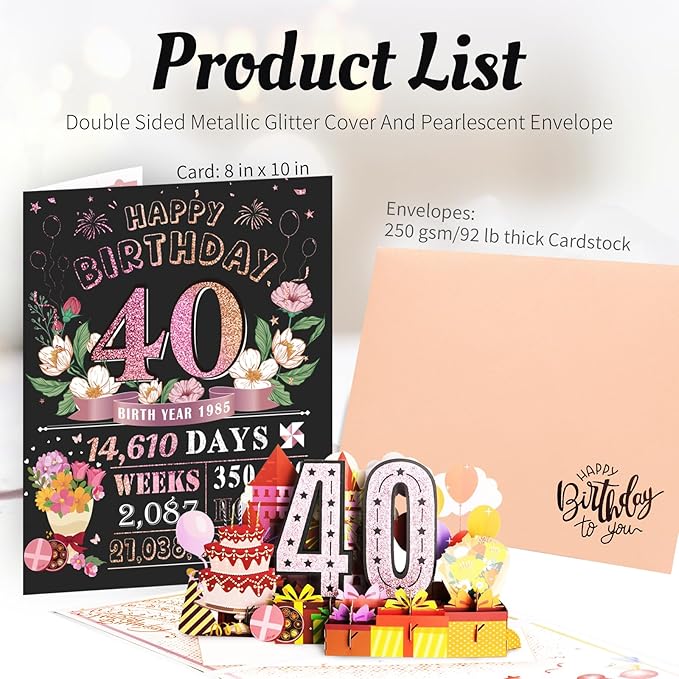 40th Birthday Card for Women Her, Jumbo Pop Up 40th Birthday Cards for Wife Mom, Happy 40th Birthday Decorations for 40 Year Old Women Funny Birthday Gifts, Review of 1985, Pink