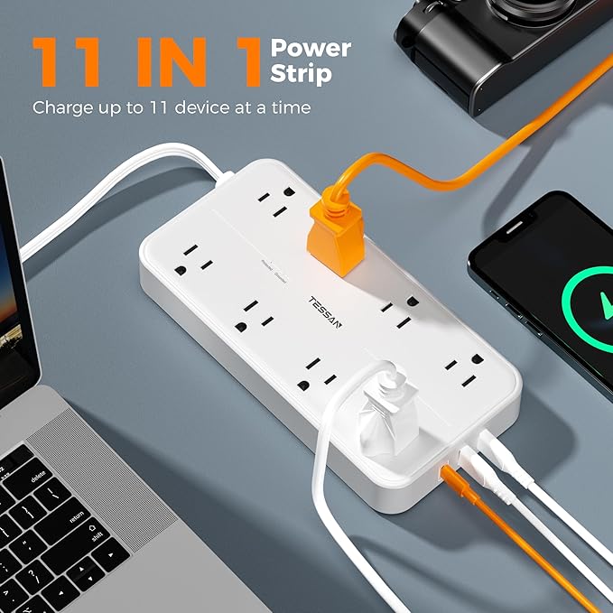 Power Strip with Surge Protection, TESSAN Flat Plug Extension Cord with 8 Outlets 3 USB Ports(1 USB C), 1080J Wall-Mounted Charging Station for Apartment Office School Dorm Room Essentials