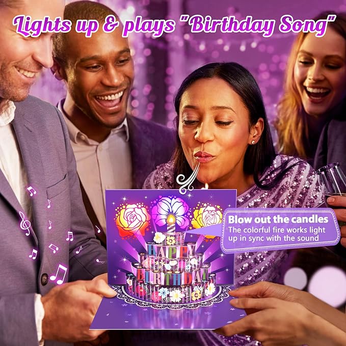 Birthday Cards Birthday Gifts for Women Flowers Fireworks Pop Up Cake Light and Music Happy Birthday Card