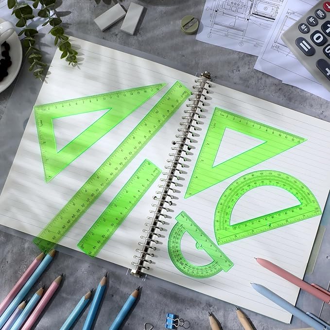 Tenare 6 Pcs Plastic Ruler Math Set Includes 12 Inch 6 Inch Straight Ruler Protractor Triangle Rulers Geometry Transparent Math Ruler Measuring Tools for School Office Home(Green)