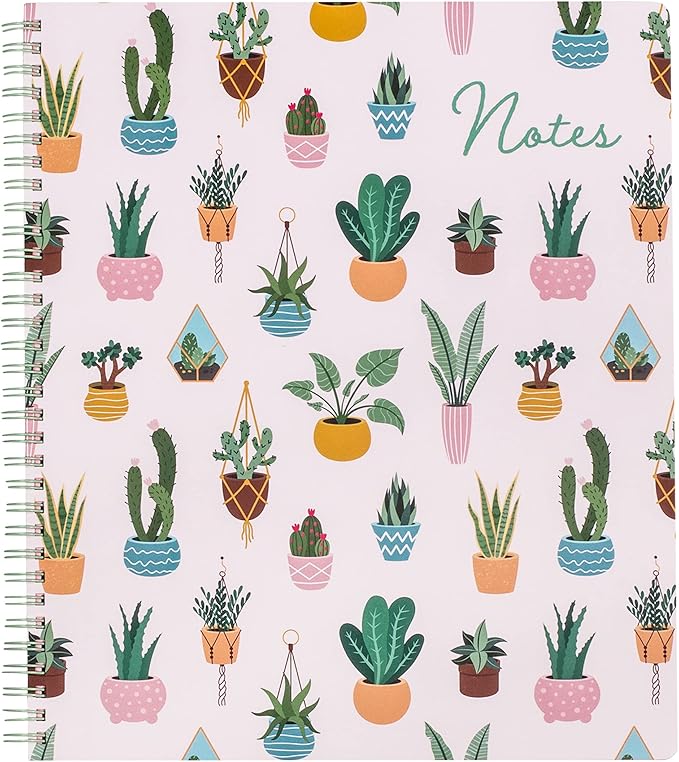 Steel Mill & Co Cute Large Spiral Notebook College Ruled, 11" x 9.5" with Durable Hardcover and 160 Lined Pages, Succulent