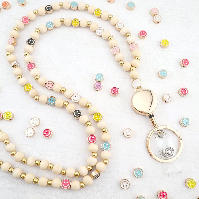 Smile Teacher Lanyard for Women with Retractable ID Badge Reel and Keychain Cute Happy Beads Lanyard