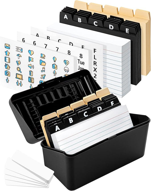 Index Card Holder/ Organizer Set – Heavy-Duty with Dividers – 100 Ruled Index Cards 3x5, 25 Manila & 25 Plastic Dividers, 72 Easy-Read Stickers & 5 Box Labels