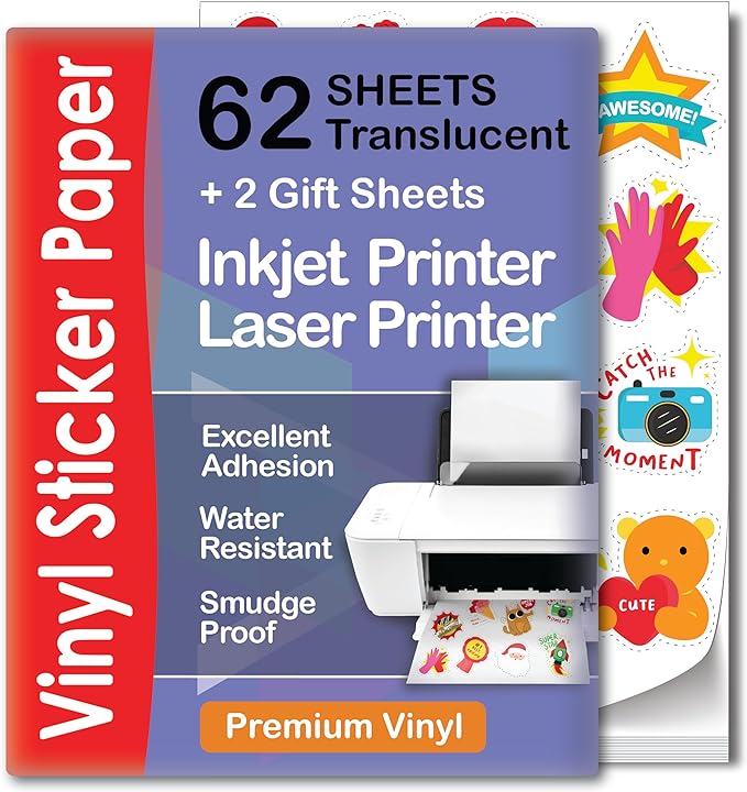 Translucent Semi-Clear Sticker Paper for Inkjet Printer & Laser Printer 62 Sheets - Self-Adhesive Water-Proof, Dries Quickly Vivid Colors, 8 ½ X 11 Inches Holds Ink Well - Tear Resistant