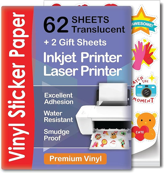 Translucent Semi-Clear Sticker Paper for Inkjet Printer & Laser Printer 62 Sheets - Self-Adhesive Water-Proof, Dries Quickly Vivid Colors, 8 ½ X 11 Inches Holds Ink Well - Tear Resistant