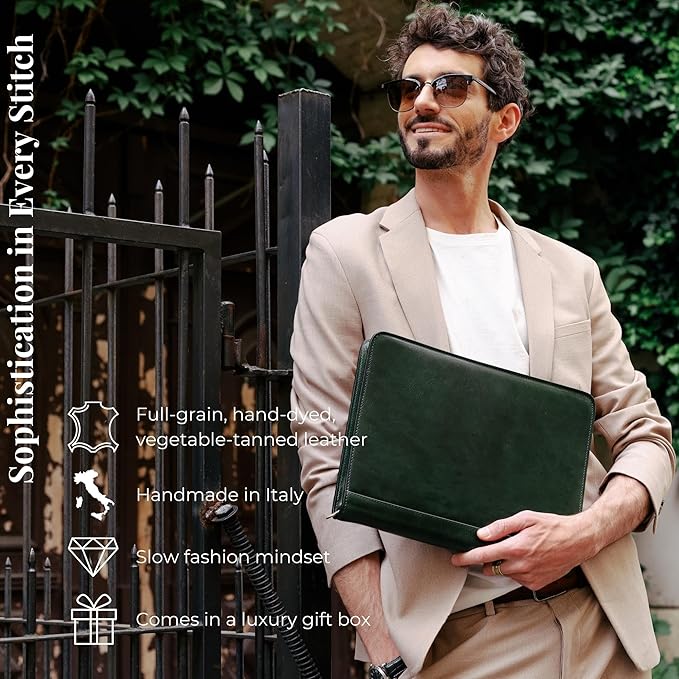 Time Resistance Leather Portfolio - A4 Document Folder - Padfolio - Italian Handcrafted Organizer Folio - Gift Box Included
