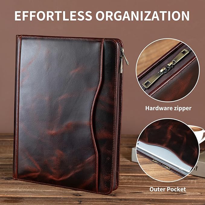 YIWEN Handmade Crazy-Horse Leather 3 Ring Binder Portfolio Padfolio Folder with Zipper for Men and Women, Business Organizer for Letter A4 Size for Meeting and Travel (Non-custom, Oil Wax-Dark Brown)