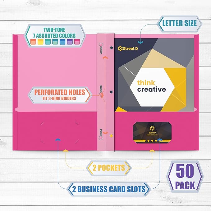 2 Pocket Folders, Assorted 7 Vibrant Colors with Complementing Interior Colors, Fits Letter Size Paper, for School, Office, Home (with Prongs, 50)