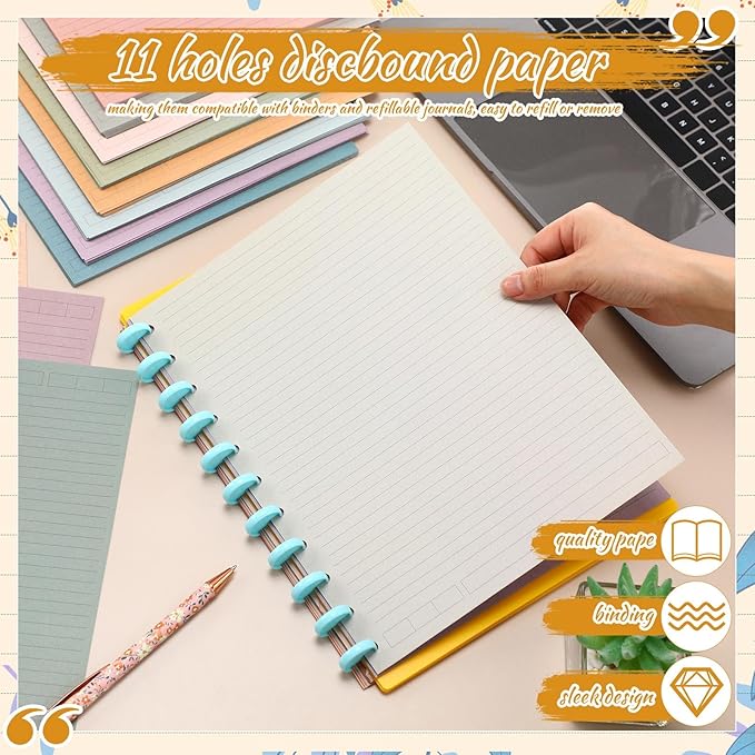 PerKoop 12 Pack 480 Sheets Colored Discbound Refill Paper 8.5 x 11 Inch College Ruled 11 Disc Letter Size Lined Paper Multicolored Refill Notebooks Disc Paper for Refill Paper Journaling (Retro Color)