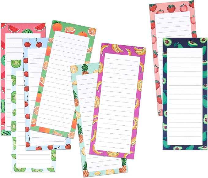 8 Large Magnetic Notepads – Big Notepads for Grocery List, Shopping List, To-Do List, Reminders -Strong Magnetic Back- Memo Pads with Realistic Fruit Designs | 60 Sheets per Pad 9 x 3.5 inch (8 Pack)