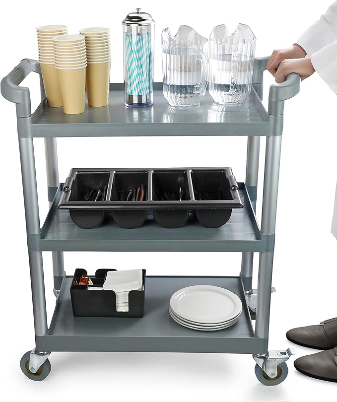 New Star Foodservice 54545 250-Pound Plastic 3-Tier Utility Bus Cart with Locking Casters, 32" x 16" x 38", Gray