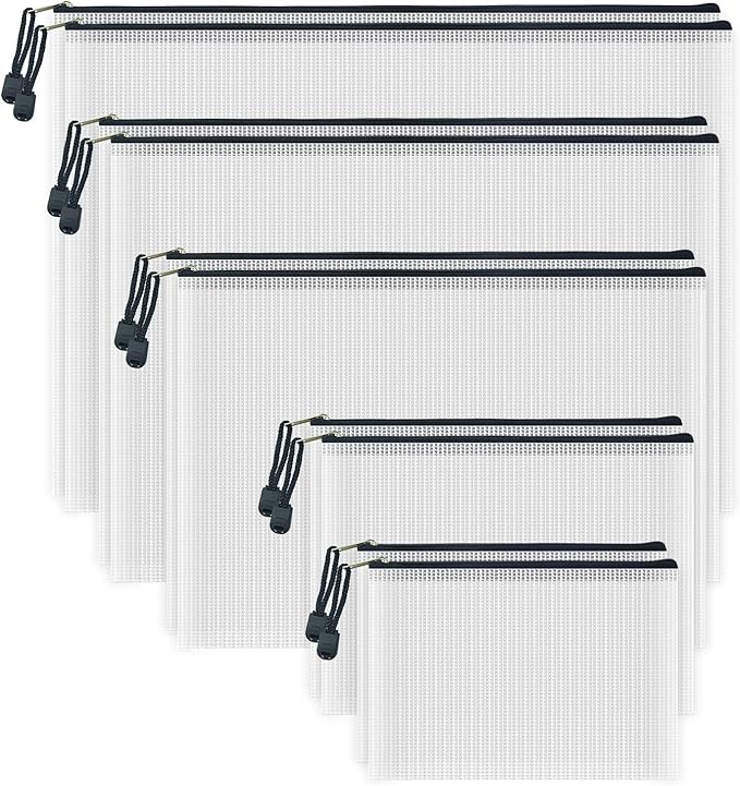 AUSTARK 10 Pcs Zipper File Bags, Waterproof Plastic Mesh Pouch for Office School, Board Game Storage Bags (Multi-Size, White and Black)