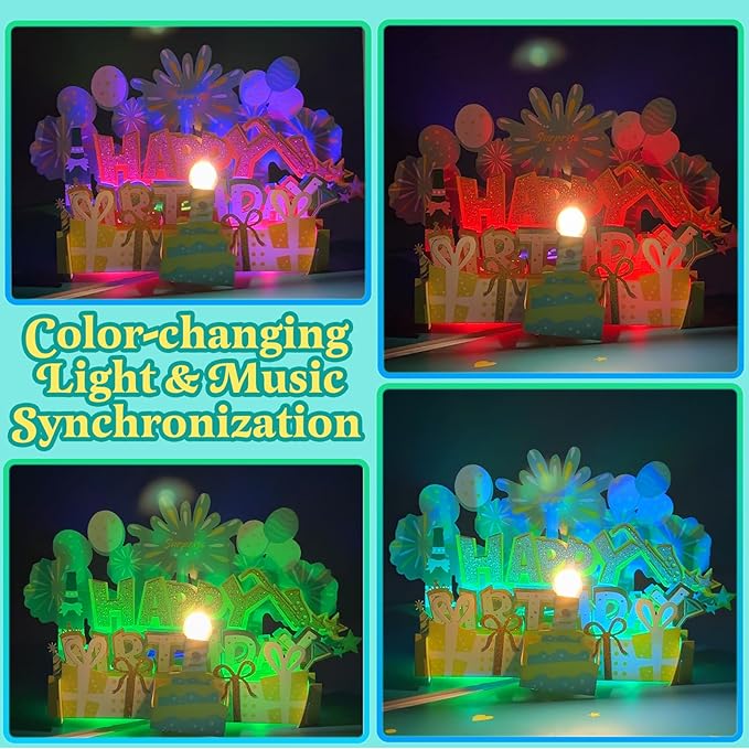 Elegant 3D Pop-Up Birthday Card with LED Lights – Blowable Candle & Music Greeting Card for Women, Mom, Daughter Green Gold